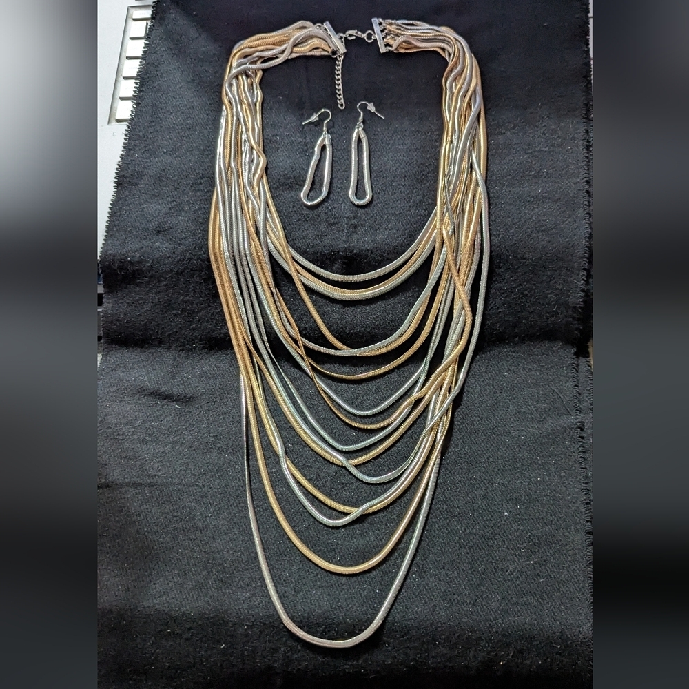 Gold and Silver Tone Snake Chain Layered Statement Necklace And Earrings Set